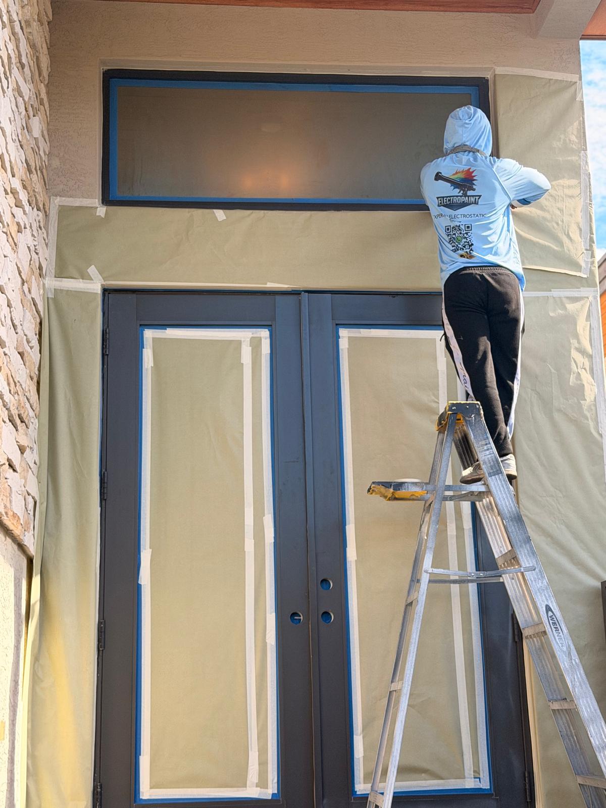 Detailed masking and protection applied around metal before coating