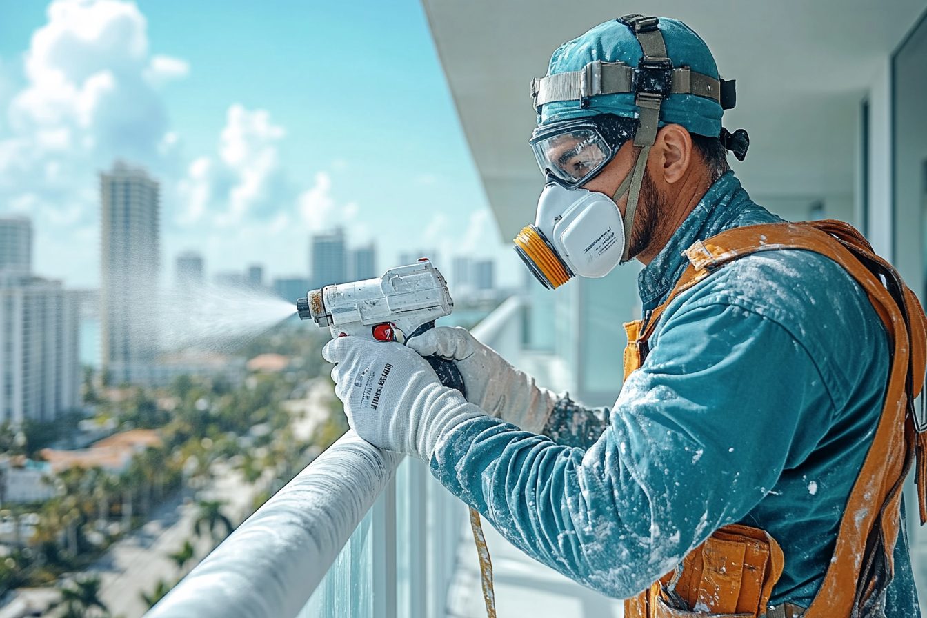 Balcony railing being refinished on a South Florida high-rise building